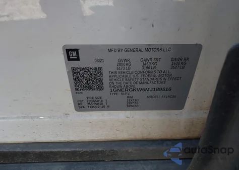 2021 Chevrolet Traverse Fwd Lt Cloth z USA, uszkodzony, nr VIN 1GNERGKW5MJ189516